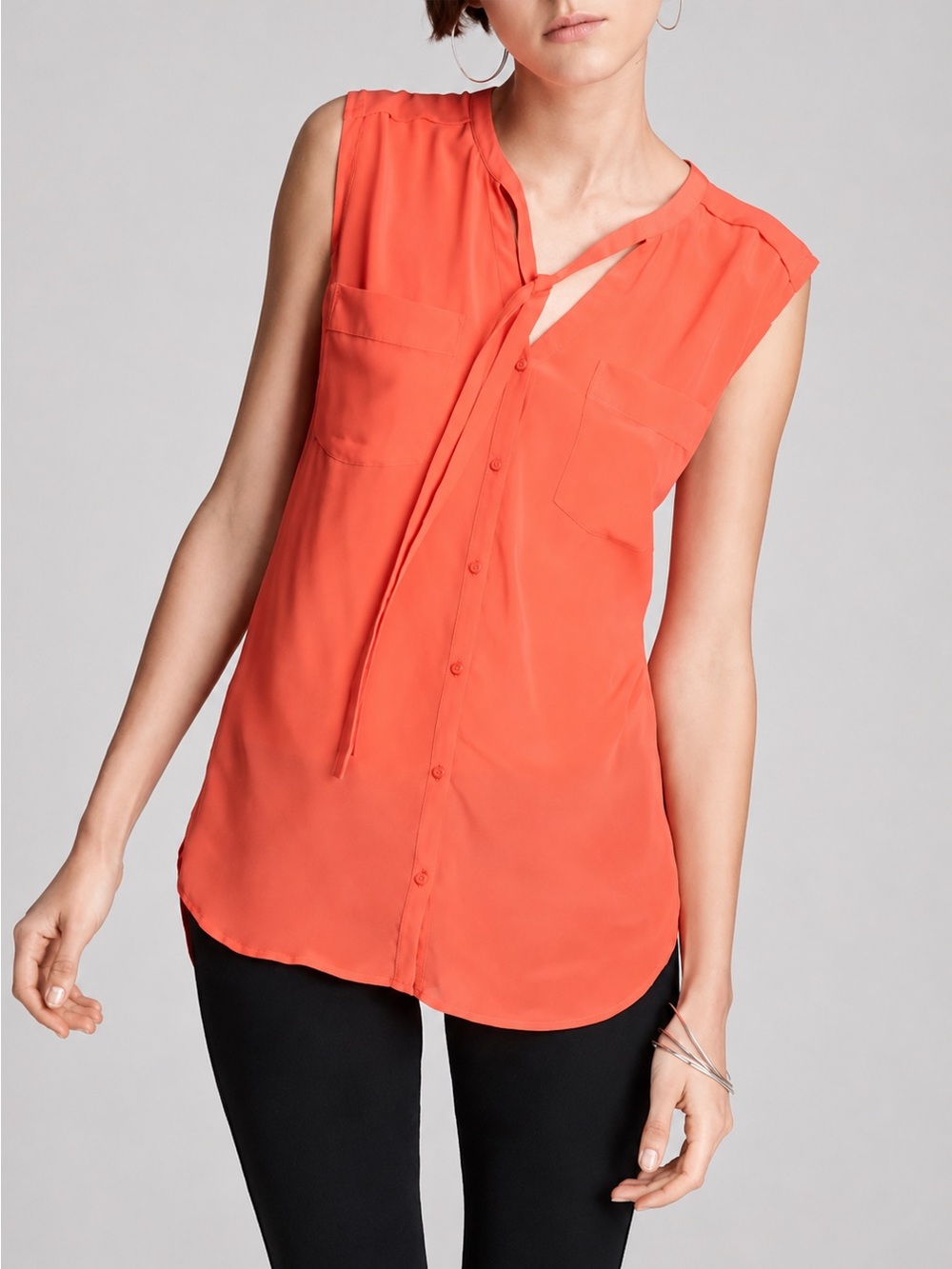 FRENCH CONNECTION 100% Silk Tie Neck Hi Low Blouse Orange NWT Size 2